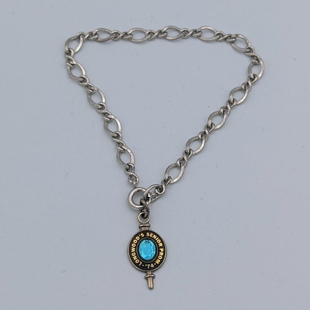 Vintage 1974 Senior Prom Charm Bracelet | FED Marked Chain | Blue Glass Keepsake